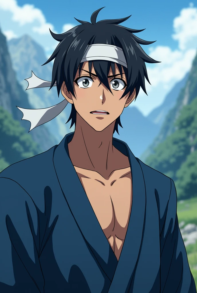 anime、Photographer's POV、Chest to head、looking at the camera、male、Around 30 years old、Muscular build、Square face、Round Nose、short hair、No bangs、Black Hair、Blue Jinbei、White headband、Deep in the mountains、Thirsty、Chest to head、Sweating、Tired face