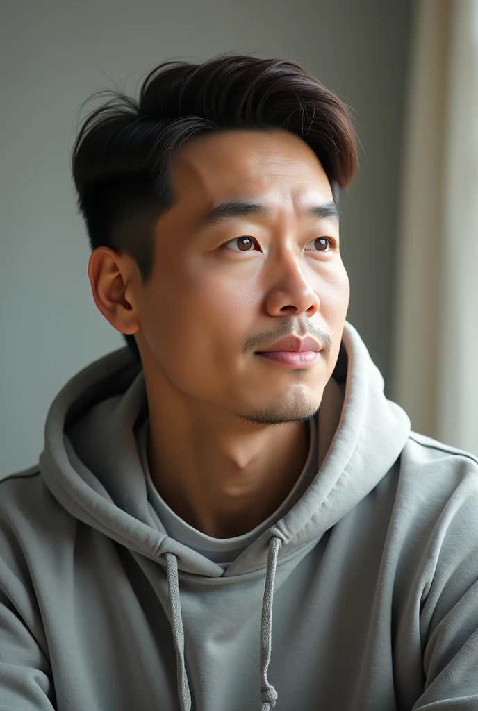 A 37 year old Asian man with brown hair and with brown eyes wearing grey hoodie