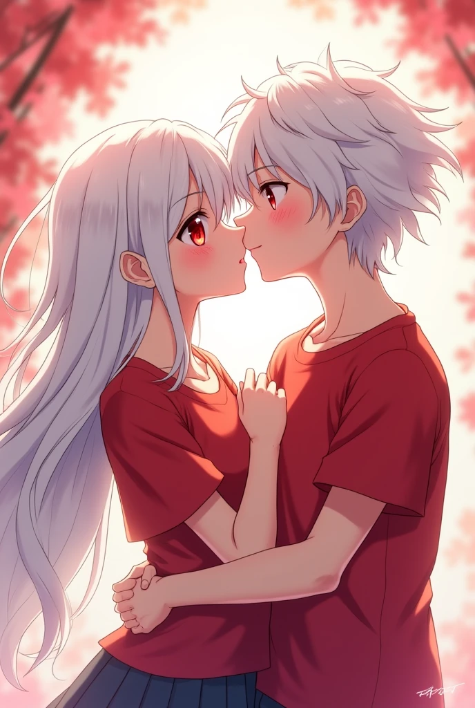 A girl with white hair, and a white-haired boy, both with red eyes and red shirts, in anime version, The two agers, kissing