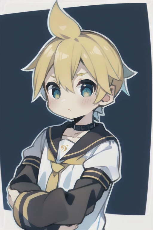 Highest quality, (high quality),eye highlights,arms are thin, thin body,arms up,both hands are on the chest,own hands together,face,from front,(portrait),((very short hair)),look at viewer,droopy eyes,shy,Pouting mouth,open your mouth and laugh,(((chilled boy))), (1 boy),kagamine len,yellow hair, spiked_hair, black_sailor_collar,Blue background , arm_warmers, white_shirt, necktie, yellow_necktie, sailor_collar, male_focus, short_sleeve,illustration,anime style,