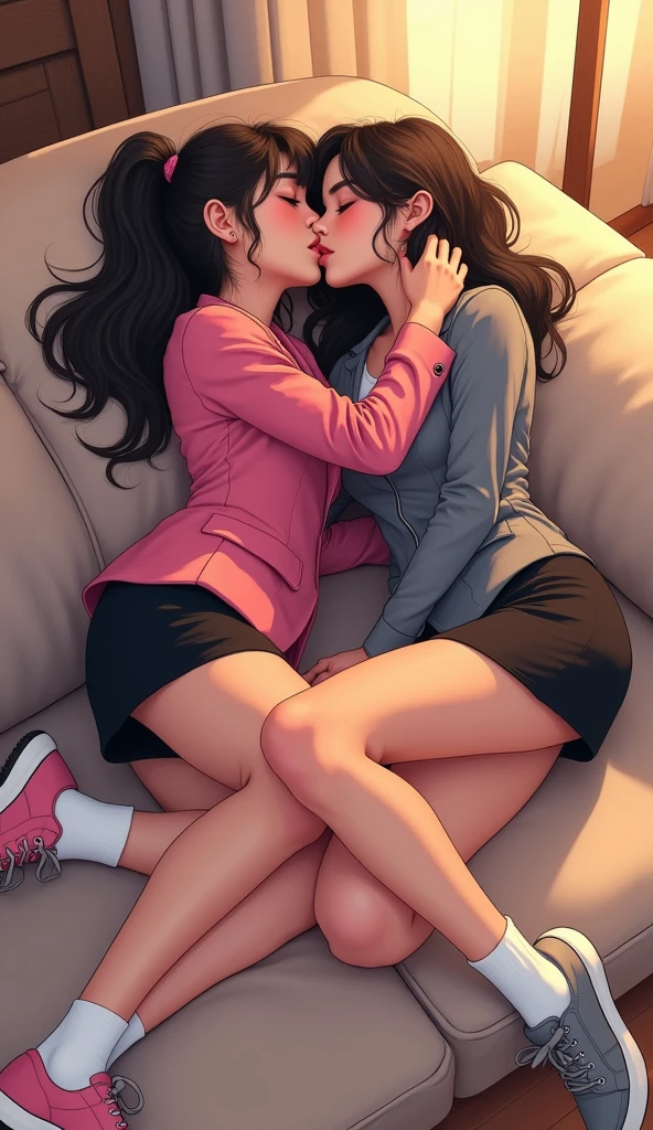 Two girls, yuri,(The first girl wear a pink suit, black pencil skirt, white socks, pink sneakers) and (The second girl wore a grey suit, black pencil skirt, white socks, grey sneakers) french kiss, lesbian kiss, hugging, sensual body, closed eyes, lying on the sofa, living room, novel cartoon, 4K, HD