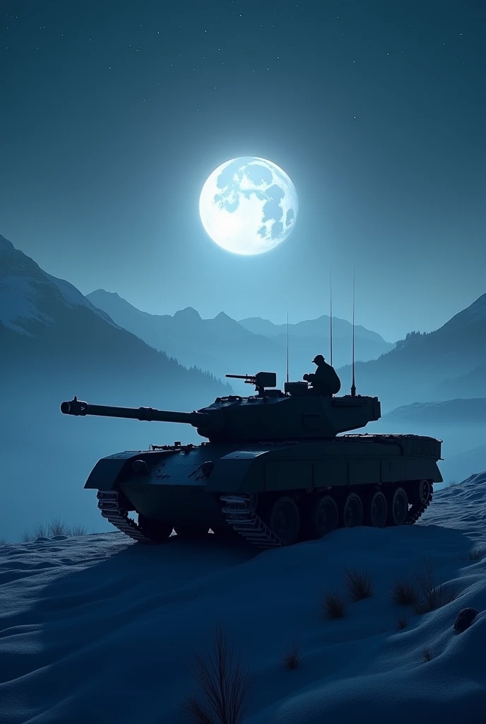 a silhouette picture of a Merkava tank on top of a snowy mountain watches the horizon at night, moon rays, some stars, fog of war, vibrant, Ultra-high resolution, High Contrast, (masterpiece:1.5), highest quality, Best aesthetics), best details, best quality, highres, 16k, [ultra detailed], masterpiece, best quality, (extremely detailed)
