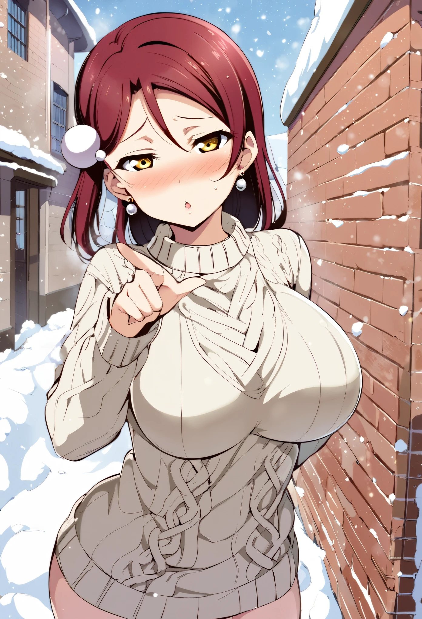 Masterpiece, love live,sexy,alp artstyle,facial details,solo, detailed body part details, cowboy shot,embarrassed, vergin killer sweater, big breasts,8k wallpaper, looking at viewer, sakurauchi riko love live, yellow eyes, earrings,in street,snow, half closed eyes,wall ,pov, pointing 