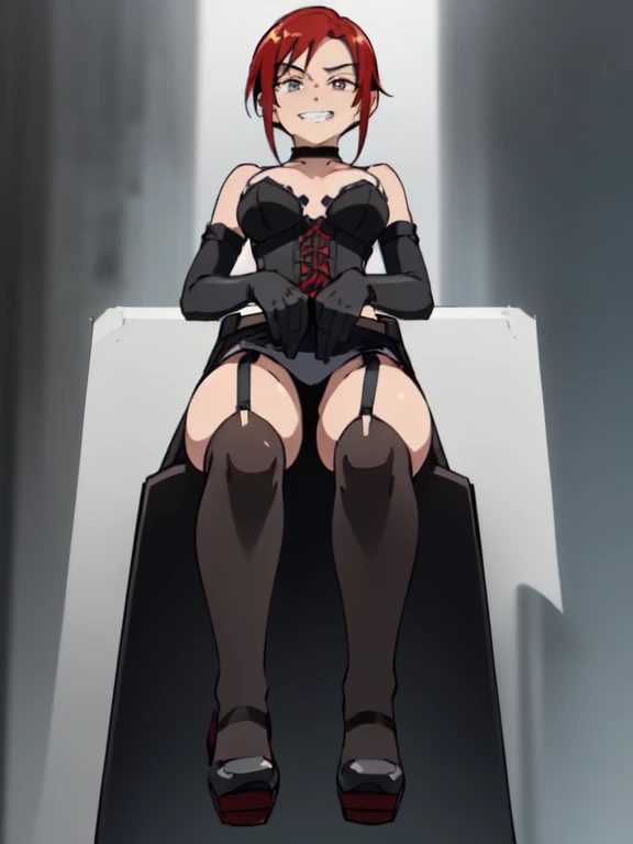 ((Highest quality)), ((masterpiece)), (detailed), prison, One girl, femdom, dominatrix, ((bare shoulders)), ((black bustier)), ((black stockings)), ((black g-string)), ((black high heels)), ((black garter belt)), ((black elbow gloves)), ((chair)), ((female sitting in a chair)),  ((evil grin)), (((((from below:1.3))))), ((looking at viewer)), ((((looking down:1.4)))), tare at viewer with stern eyes