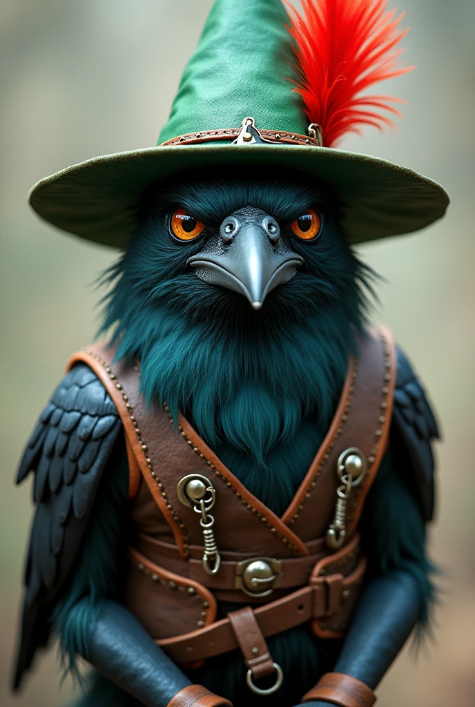 crow, with big eyebrows, green triangular hat with a red feather, Leather clothes,