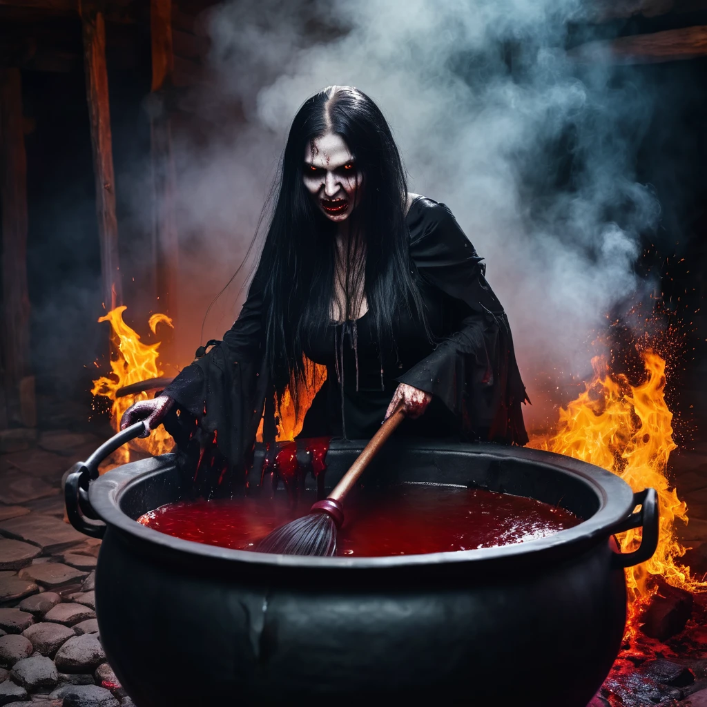 Undead wounded witch is boiled in a huge cauldron, blood, horror atmosphere, death