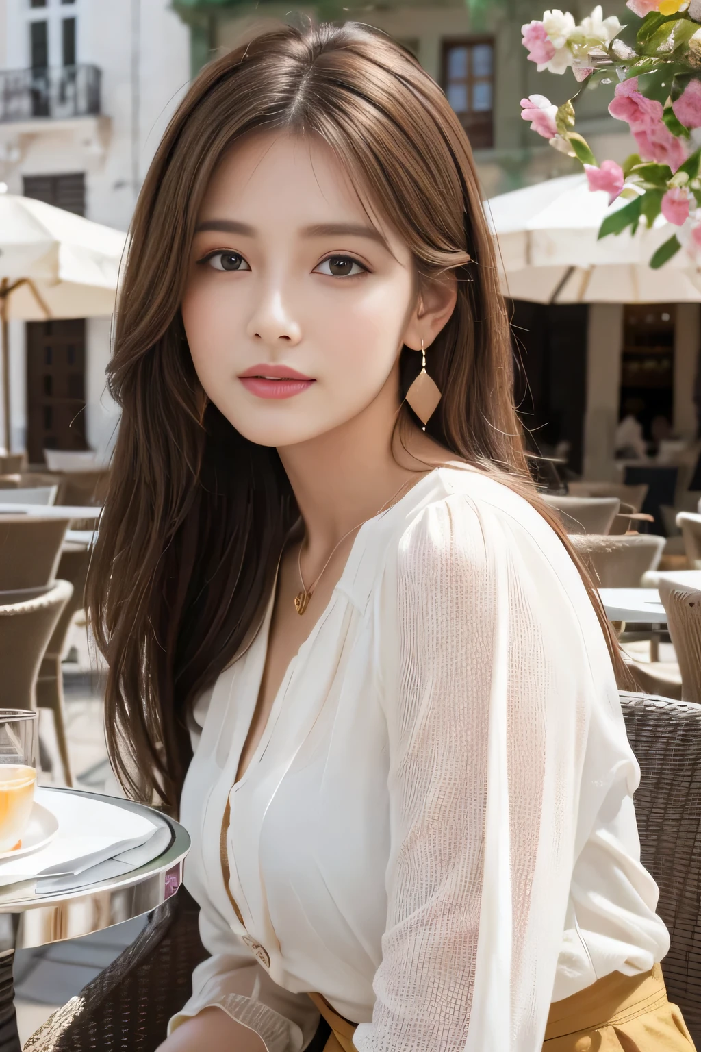 masterpiece, Highest quality, Realistic, Very detailed, Finer details, High resolution, 8k wallpaper, One beautiful woman,Wear a nice blouse, On the terrace of a lovely cafe, at noon, Light brown messy hair, Perfect dynamic composition, Beautiful and beautiful eyes、Big earrings、