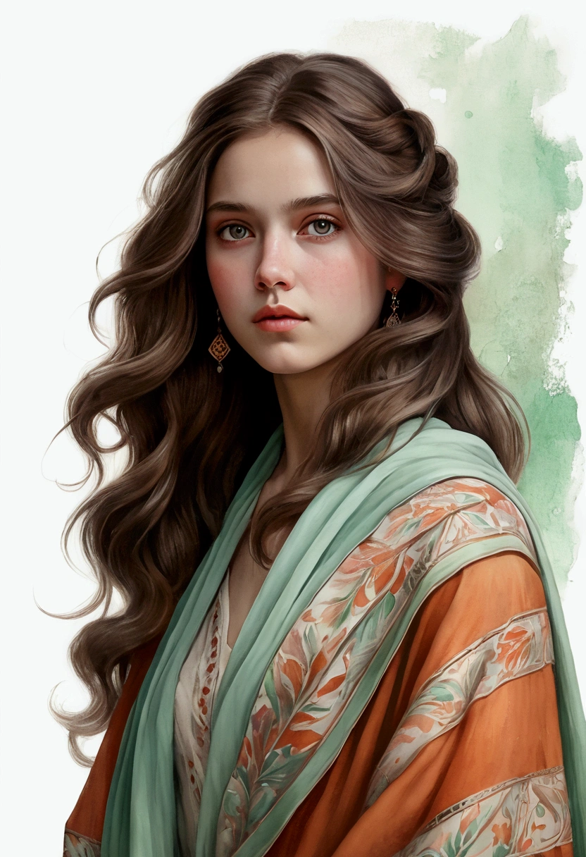 " a (full-length) illustration in a soft style that mixes realism and watercolor of a young woman with an introspective and serene expression. She is to be portrayed with long, wavy hair in light brown tones, which falls gently over her shoulders. young woman wears a romantically inspired outfit with detailed patterns and mint tones, including an orange and mint colored shawl that partially covers her head. The background should be neutral or white to highlight the character's details, with special attention to the clear and expressive eyes that appear. capture the viewer's eye. Color palette should include soft tones that complement the style and calm atmosphere of the image. Detailed matte painting, deep colors, fantastic and intricate details, splash screen, complementary colors, fantasy concept art, 8k resolution , trending in Artstation Unreal Engine 5"