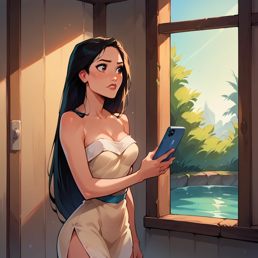 score_9_presence, score_8_up, Pocahontas, wrapped in towel, medium breasts, holding phone