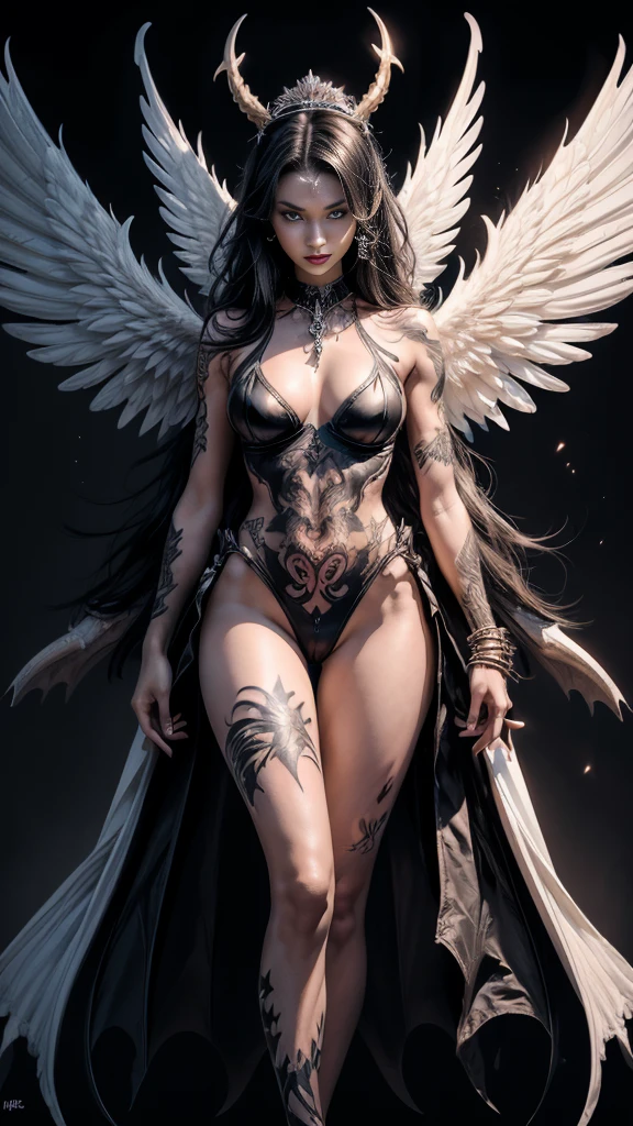 ((Perfect dynamic composition:1.7, Detailed tattoos all over the body:1.6, Wear exquisite jewelry:1.6)), Highly detailed skin and facial features:1.3, Details of the limbs, wings on shoulder, Angel wings and devil wings, white wings and black wings, (Realistic picture, highest resolution, 16ก), (A demon god with wide wings and enormous power on his shoulders..., Twelve wings on the shoulders., black bat wings:1.3 white angel wings:1.5), 6 angel wings, 6 devil wings, (Beautiful girl with two meter long hair, shiny black hairงาม, Smooth white skin, Lips are very red.), ((stand, already)), (big breasts, หัวBig tits), (gigantic breast, breast augmentation, Breast 400 cc., small waist, hips raised, small thighs, Long legs), (dynamic poses), (Armor that slightly conceals the body), Separate theme, (Angel wings and devil wings), floating in the air above the groundดิน, background darkness, Embraced with twelve wings, The horns that grow from the head are like a crown., He who has light, wears little armor, There is power coming out of the body., sparkling wings, white light black light, amazing wings, beautiful gesture, 8K resolution, Resolution 4000 x 2250 pixels, beautiful gesture, Angel wings and devil wings, (Realistic picture, highest resolution, 16K), (A demon god with wide wings and enormous power on his shoulders.., Twelve wings on the shoulders., black bat wings:1.3 white angel wings:1.5), Angel wings and devil wings, white wings and black wings,, Have wings 100 Have wings 1000, Angel wings and bat wings, wings inserted between wings, 12 wings, 6 angel wings, 6 bat wings, Angel wings and devil wings, white wings and black wings,, (Beautiful girl with two meter long hair, shiny black hair, Smooth white skin, Lips are very red.), very long hair, ((stand, toe)), (big breastsโต, หัวBig tits), (gigantic breast, small waist, hips raised, small thighs, Long legs), (dynamic poses), (black and white leotard, There are beautiful patterns., Decorated with gold embroidery., Show off your chest), Separate theme, (Angel Wings and Demon Lord Wings), floating in the air above the ground, background darkness, Embraced with twelve wings, He is white and black., A rainbow glow on the back of the head, The most busty breasts, Big tits, universe backdrop, dynamic gesture, Drive the skin, Smooth white skin, (The wings are in layers, alternating with white, alternating with black. The wings are alternating with layers of white, alternating with layers of black, and alternating again.), gold pattern set