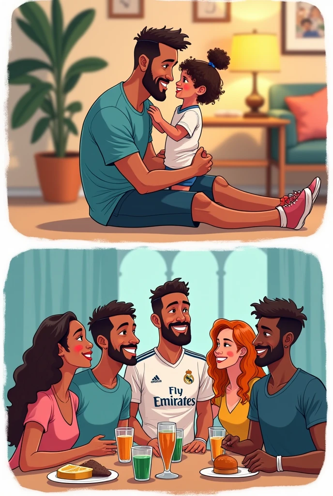 make a cartoon image about the player Éder Militão wearing the Real Madrid team's clothes picking up his daughter (a 2 year old white girl with curly hair) just to take a picture on Instagram and then return it to a blonde woman (white with platinum hair)
and another image in another plane of the player at a party with male and female friends