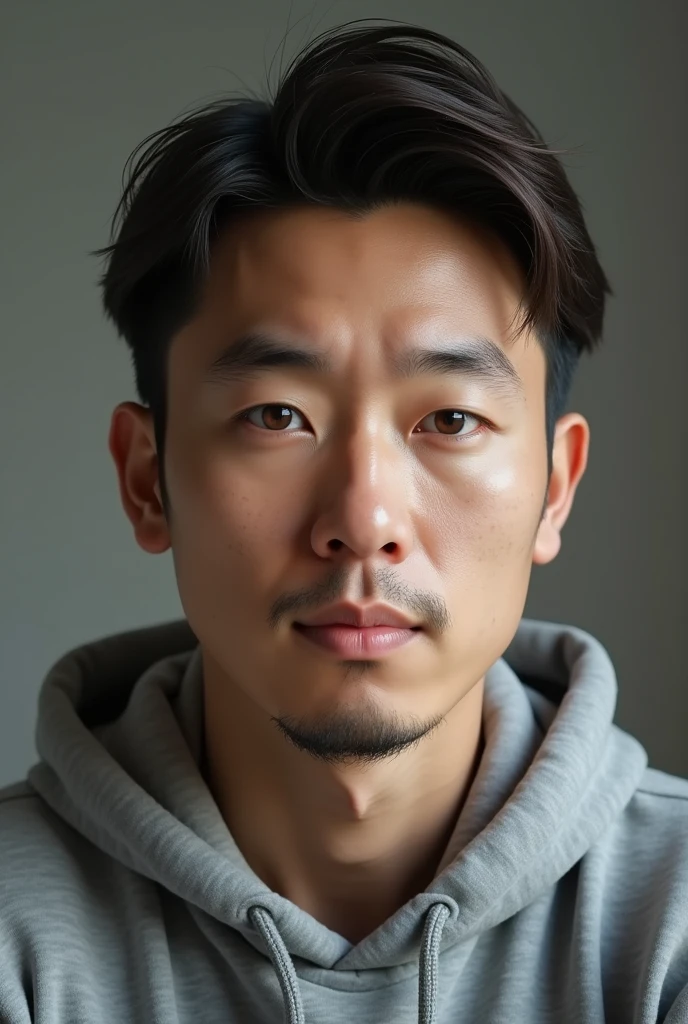 A 37 year old Asian man with brown hair and with brown eyes wearing grey hoodie