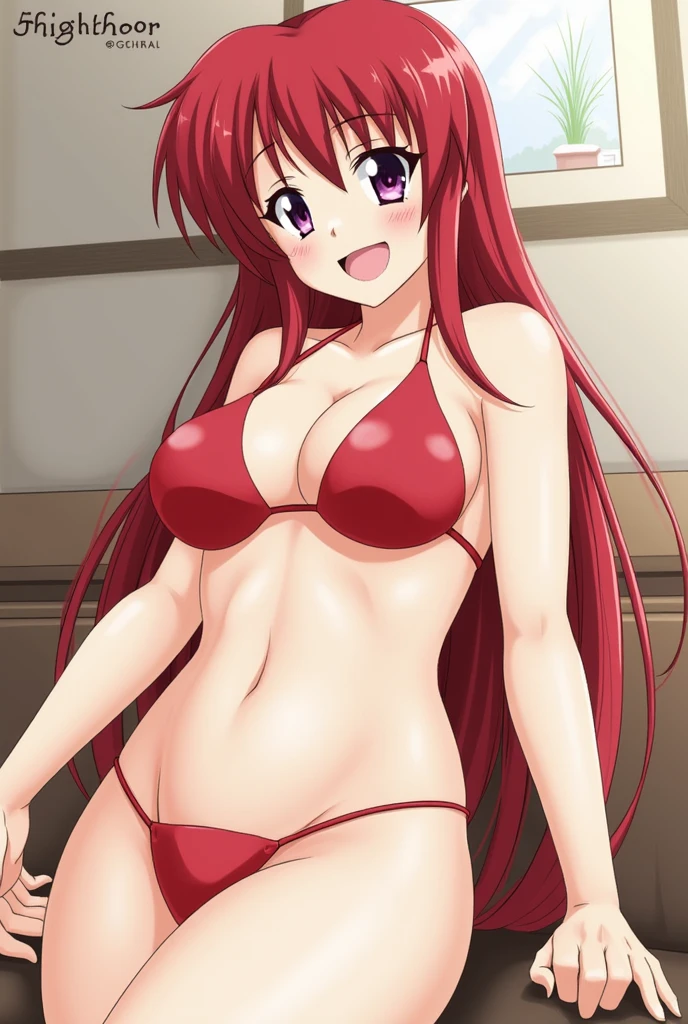 Highschool dxd, Rias Gremory, 1girl, (((bimbo))), puffy lips, painted lips, thick lips, wide hips, thick thighs, big breast, huge ass, revealing cleavage, erotic, Smile face, bubble butt, camel toe, hanging breasts, , huge breasts, sweat, on kness, tounge out, open mouth, small bikini