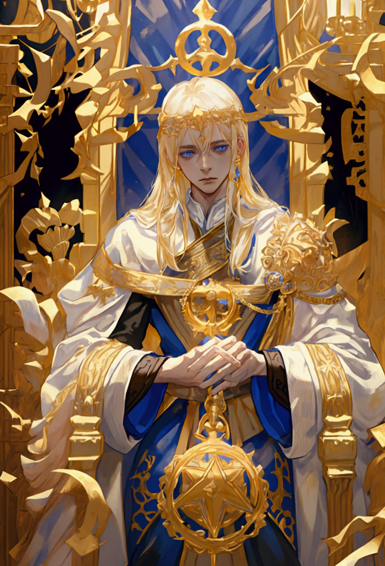 1 boy, throne, gilded clothing, white robes, 13 point star insignia, blonde hair, blue eyes, intense gaze, photorealistic, 8k, highly detailed, cinematic lighting, dramatic shadows, renaissance style, gold accents, luxurious textures, ornate details, epic fantasy, regal, powerful, commanding presence, man is cultist.