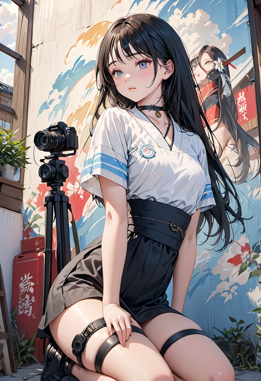 (masterpiece) One Girl,Portraiture,(8k, RAW Photos, Highest quality, Ultra-high resolution, Realistic, Very detailed),Kneel,Missionaries,Have a camera,Move the camera closer,Highest quality,One Girl,alone,Striped Hair,choker,art mural,Put your arms on your hips,Lean back,Looking into the camera,Armband,Thigh straps,Striped Hair,Head Down,Tilt your head,tight,thin,small,Perfect Face,Ninim Lalei,