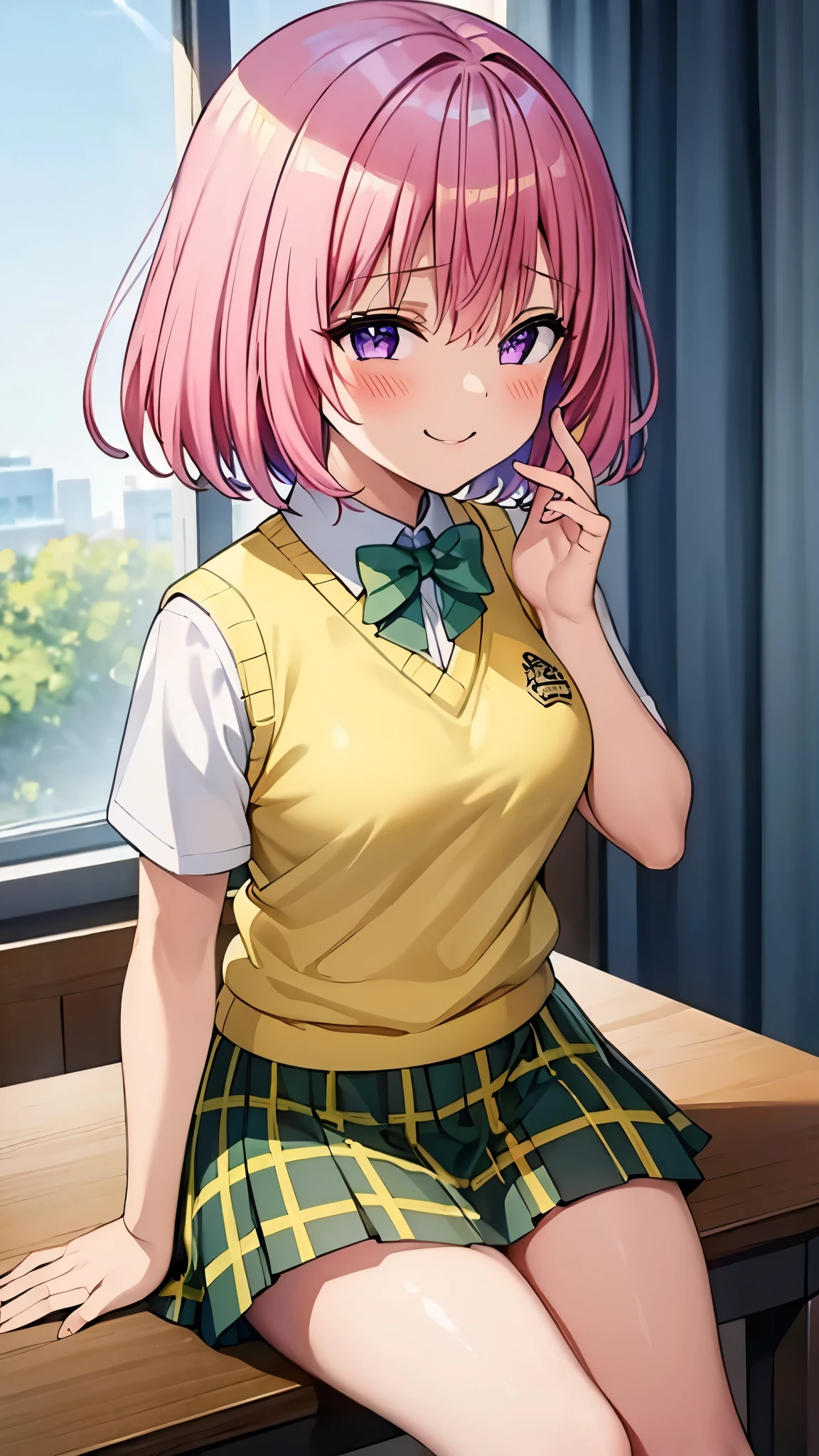 nanadeviluke, asta deviluke, long hair, (pink eyes:1.5), pink hair, tail, twintails, (flat chest:1.2), ((sitting ))
BREAK green skirt, plaid, plaid skirt, panties , ainan high school uniform, school uniform, skirt, shirt, white shirt, sweater vest, (yellow sweater vest:1.5), short sleeves,(( leg up, panties showing, white panties,))
BREAK indoors, classroom,
BREAK looking at viewer,
BREAK (masterpiece:1.2), best quality, high resolution, unity 8k wallpaper, (illustration:0.8), (beautiful detailed eyes:1.6), extremely detailed face, perfect lighting, extremely detailed CG, (perfect hands, perfect anatomy),