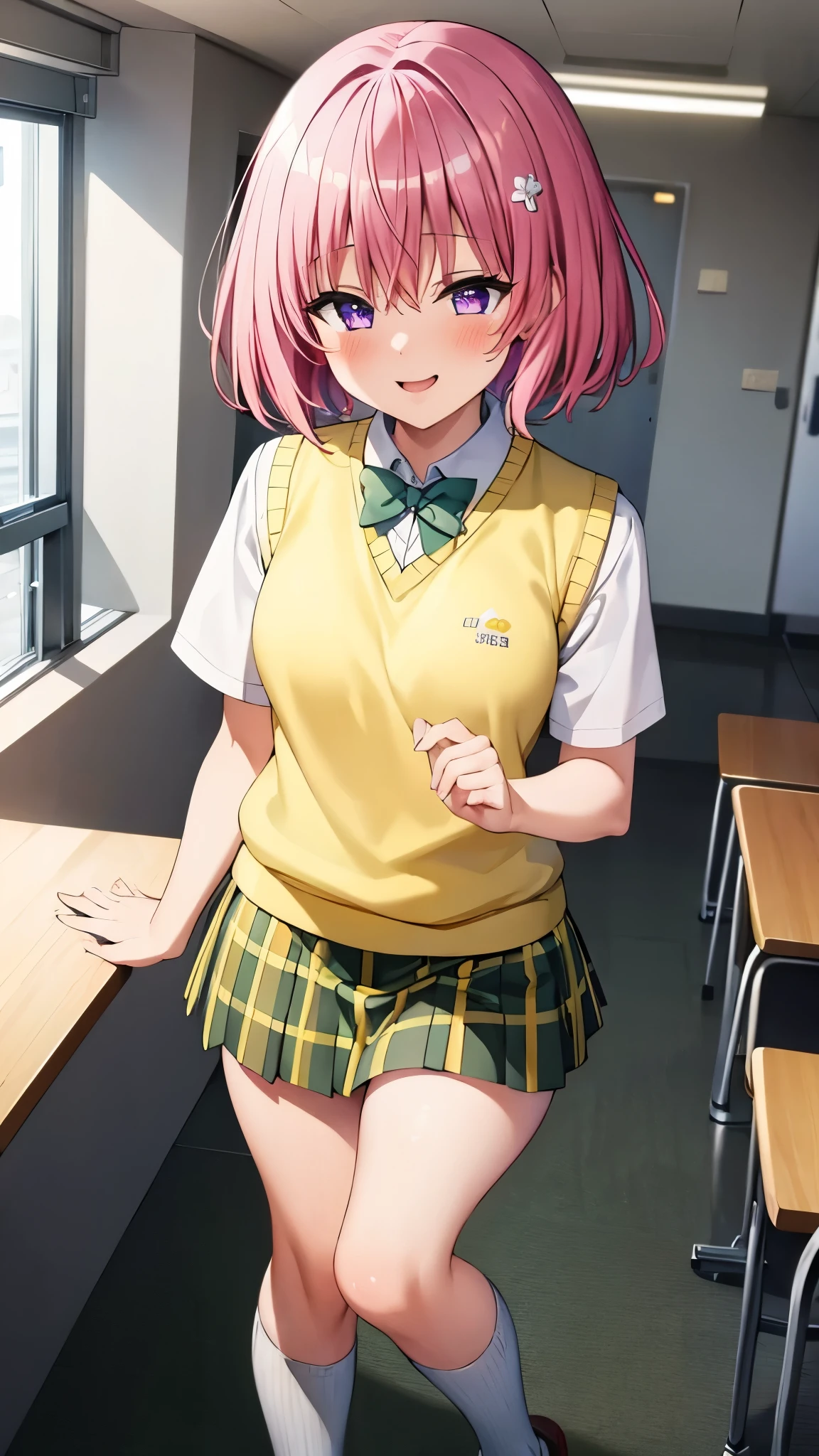 8k,Highest,quality,(highest quality:1.1), (masterpiece:1.4), (Confused:1.0), 
1 girl, Momo Deviluke, hair ornaments, Bobcut, Short Hair Pink Hair, Purple eyes, Medium chest, green skirt, Plaid, Plaid skirt, sainan high school uniform, skirt, Sweater vest, Knee socks, (Yellow Sweater:1.5), Short sleeve,classroom, (blush:1.2), smile,（Perfect Fingers）,mesugaki,
