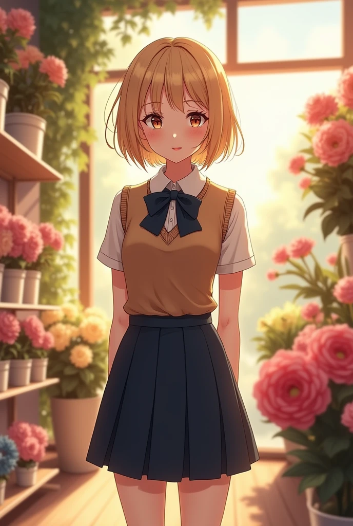 (masterpiece:1.2, highest quality), (Realistic, photoRealistic:1.4), Beautiful illustrations, (Natural Side Lighting, Cinema Lighting), Written boundary depth, Looking at the audience, Front view, 1 girl, English, high school girl, 20-year-old, Perfect Face, Symmetrical cute face, Shiny skin, Leg spread, (Bob Hair:1.7,blonde), Asymmetrical bangs, Big eyes, Droopy eyes, long eyelashes chest), thin, Beautiful Hair, Beautiful Face, Beautiful and beautiful eyes, Beautiful clavicle, Beautiful body, Beautiful breasts, Beautiful thighs, Beautiful legs, Beautiful fingers, ((High-quality fabric, Brown knitted vest, Short sleeve white collar shirt, Navy Pleated Skirt, Navy bow tie)), (Beautiful views), evening, (Inside the flower shop), Are standing, (smile, Superior, Open your mouth), (((Skirt flip, No pants, Genitals are visible))), Full Body Shot, Dark blue socks, Sexy Face, Inverted nipples,