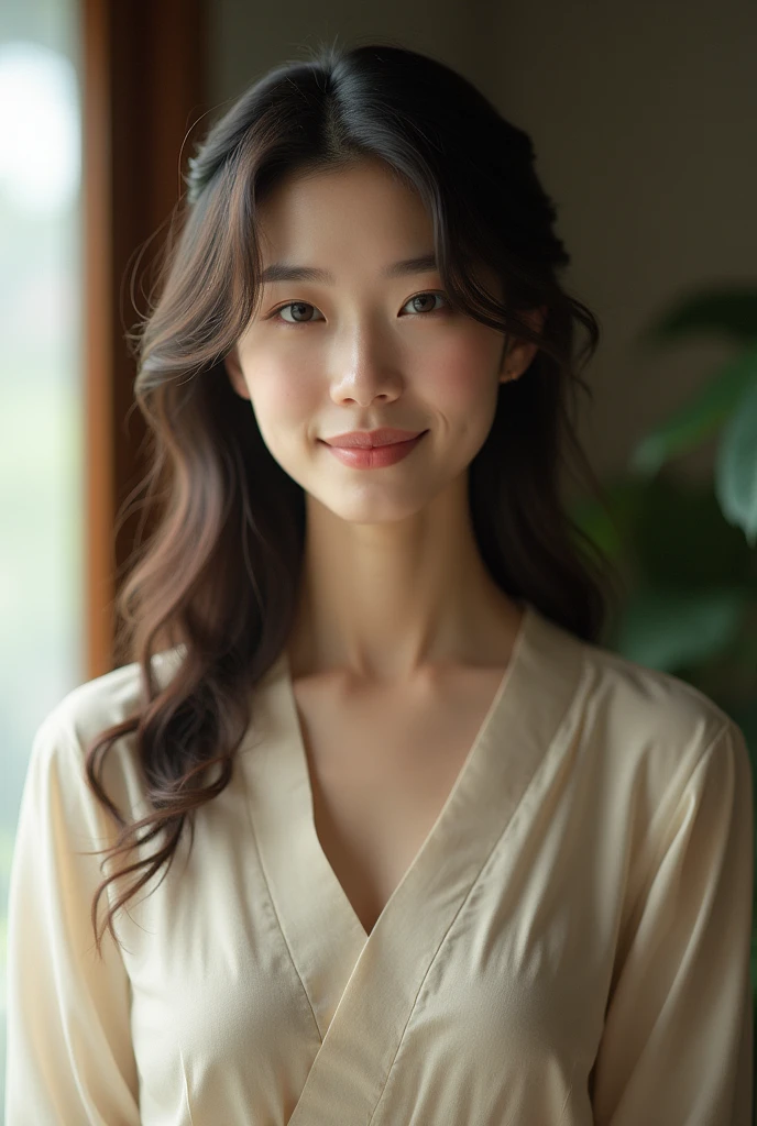 An elegantly dressed Japanese woman in natural light、A close-up of her chest and calm expression.、It shows her inner peace and outer charm.。Beautiful mature woman with beautiful wavy long hair, Ultra-high resolution,(Realistic:1.4), ((Highest quality)), ((masterpiece)), (be familiar with),