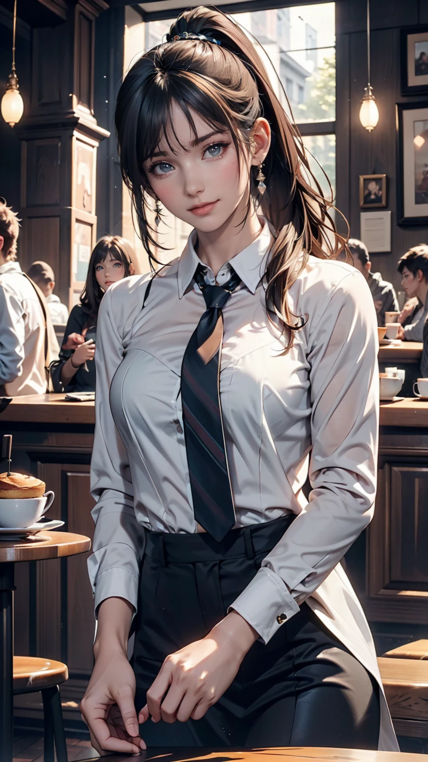 girl, Black Hair, sister, Tie your hair into a ponytail、Smile at the speaker, High-quality images, masterpiece, beautiful girl, Cafe,