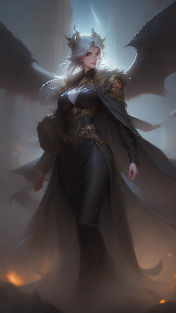 Airship,general,serious,animated woman,long hair shawl,Devil's Horn,black devil wings,Big breasts,All American Body,Wear Sergeant Major Clothing,Wearing a military coat,