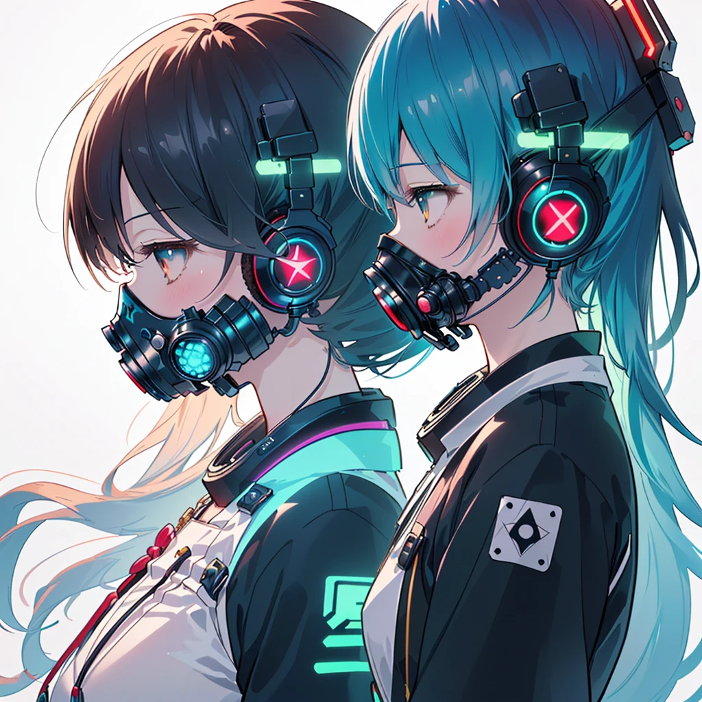 One girl,Triangular composition、S composition、Square Composition、×Composition、Golden Ratio、(((Highest quality、masterpiece、Official Art、Very detailed、Anime Style、Best dynamic composition、profile、Perfect Anatomy)))、 Headphones,Cyberpunk Cool clothes with vibrant cyan patterns, Vibrant colors, neon, White Background、gas mask、
