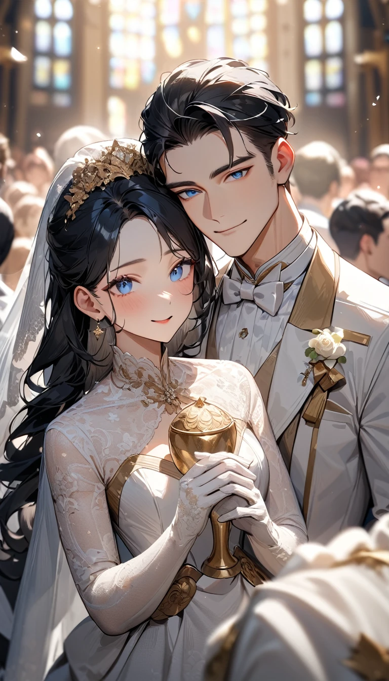masterpiece, textured skin, high details, award winning, best quality, highres, 4K, (((head shot))),Beautiful groom and bride,groom in black hair, tall. Handsome,blue eyes, bride in white hair, cute, blue eyes, Lined up next to each other,wedding,People who bless those around,Inside the church,Happy atmosphere,Blurred background