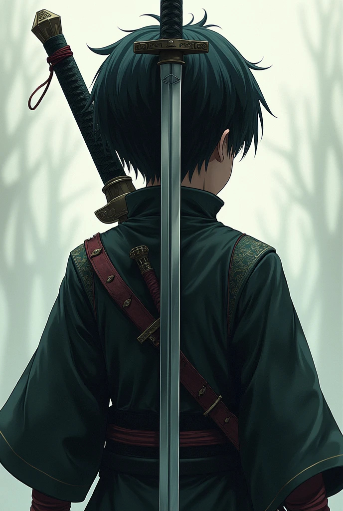 A boy of about eleven years old who is facing away and has a single katana in his back and the boy has black hair and green eyes and black swordsman clothing and more or less part of his face can be seen.