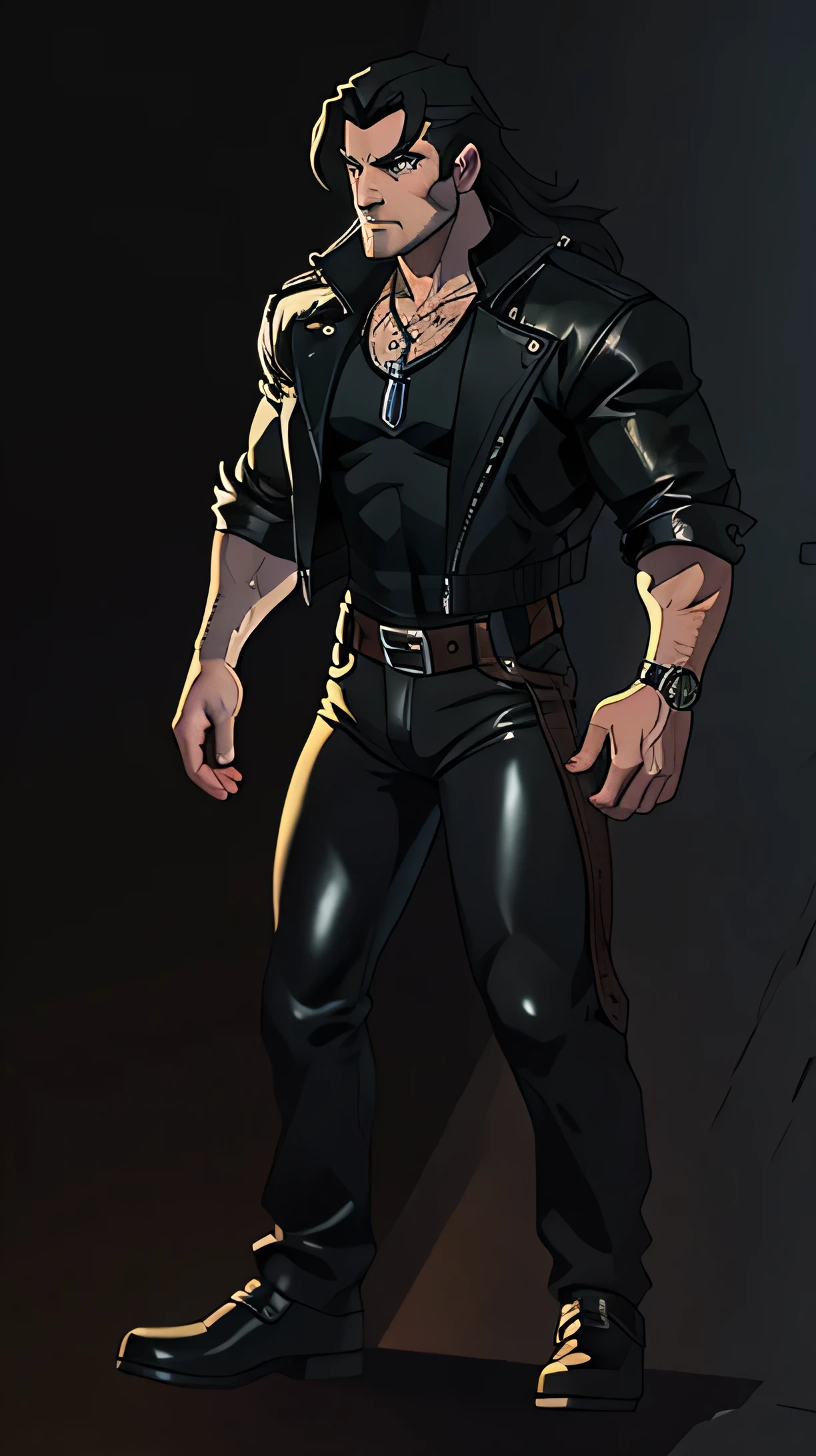 taylor kinney inspired face, full body , front view, character description: [Handsome, mature adult male, stroger, athletic body, "long back hair Mullet" style black hair , "Schott NYC Perfecto" style black leather jacket, just simple black t-shirt underneath the jacket, necklace falling across his chest with a bullet, black pants with a belt, silver buckle];