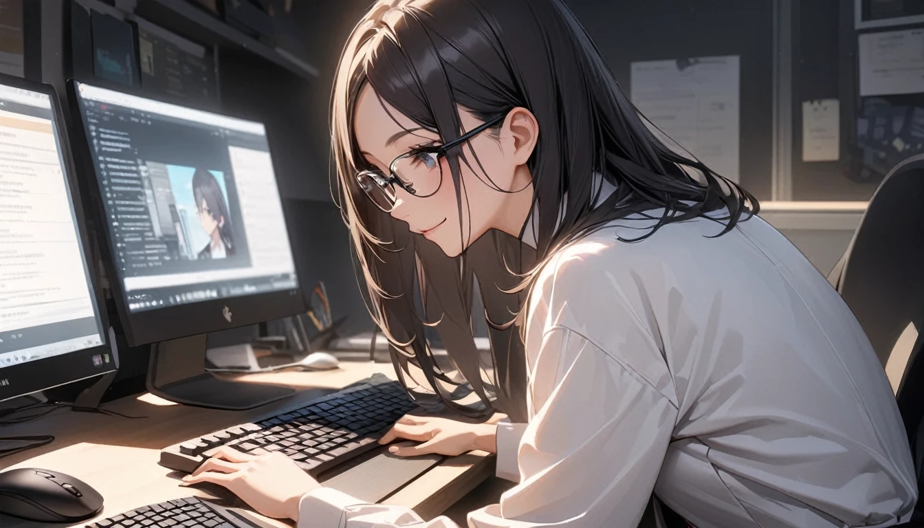 パソコンで仕事をするProfessionalグラマー,Portraiture,Professional,Wearing a smart suit,Stylish glasses,Typing on a sophisticated computer,Use a wireless mouse,Sitting at a modern desk,A soft smile,Soft natural light,High resolution,High resolution,Very detailed.One Woman ,alone, Beautiful black hair ,Undistorted keyboard, focusing