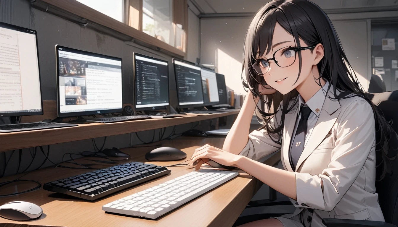パソコンで仕事をするProfessionalグラマー,Portraiture,Professional,Wearing a smart suit,Stylish glasses,Typing on a sophisticated computer,Use a wireless mouse,Sitting at a modern desk,A soft smile,Soft natural light,High resolution,High resolution,Very detailed.One Woman ,alone, Beautiful black hair ,Undistorted keyboard, focusing