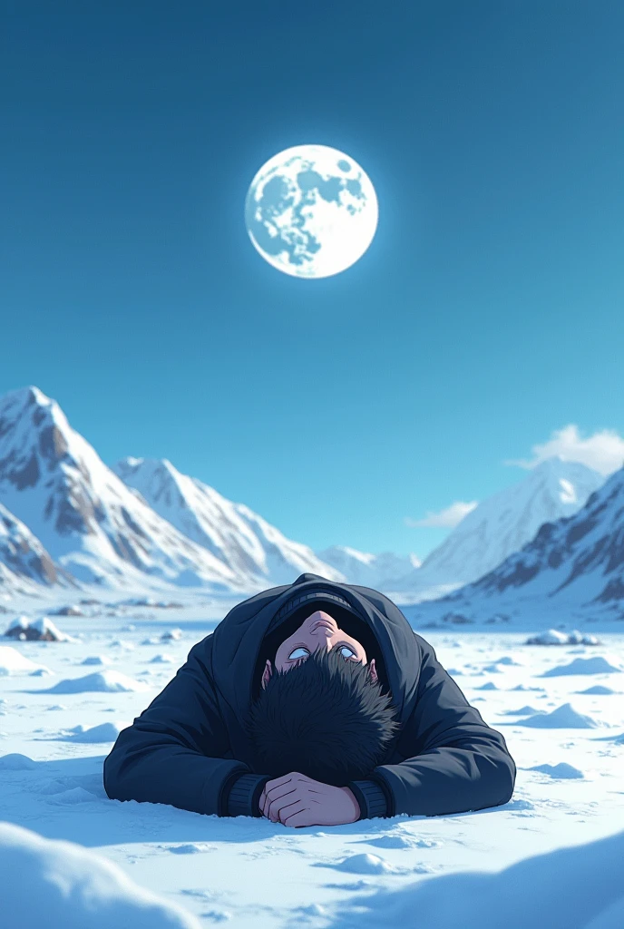 Realistic real life background but character in anime 21 year old boy prone in snow in snow add little bit greenland view boy wearing black jacket watching moon