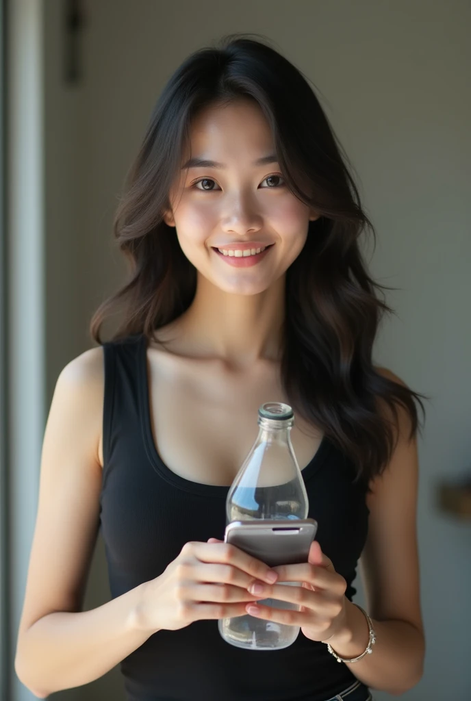 masterpiece, high quality, 4K, Beautiful design, (from the front, Whole body),Award-winning photo, Very detailed, wonderful, The finer details, Absurd, Very detailed女性, (small breasts:1.5),Woman in black shirt holding a bottle of water and a mobile phone, a Young Asian Woman, gorgeous young Korean women, young asian girl, She is wearing a black tank top, Young Asian Woman, beautiful south Korean women, beautiful young Korean women, Portrait of a Japan ager, Young and pretty Asian face, She has a smartphone, Korean Girls, Korean women