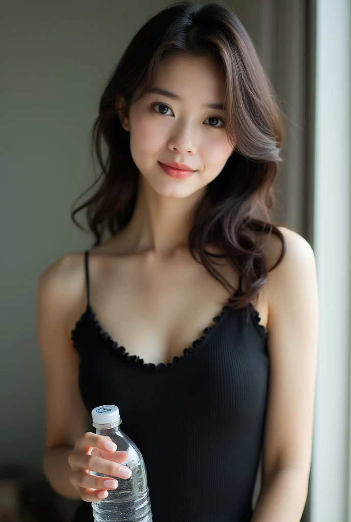 masterpiece, high quality, 4K, Beautiful design, (from the front, Whole body),Award-winning photo, Very detailed, wonderful, The finer details, Absurd, Very detailed女性, (small breasts:1.5),Woman in black shirt holding a bottle of water and a mobile phone, a Young Asian Woman, gorgeous young Korean women, young asian girl, She is wearing a black tank top, Young Asian Woman, beautiful south Korean women, beautiful young Korean women, Portrait of a Japan ager, Young and pretty Asian face, She has a smartphone, Korean Girls, Korean women