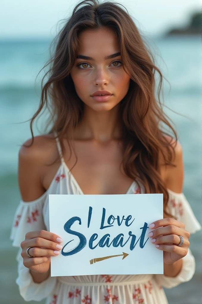 Beautiful girl with wavy long hair, bohemian dress, holding a white board with text "I Love Seaart Infinity" and showing it to the viewer