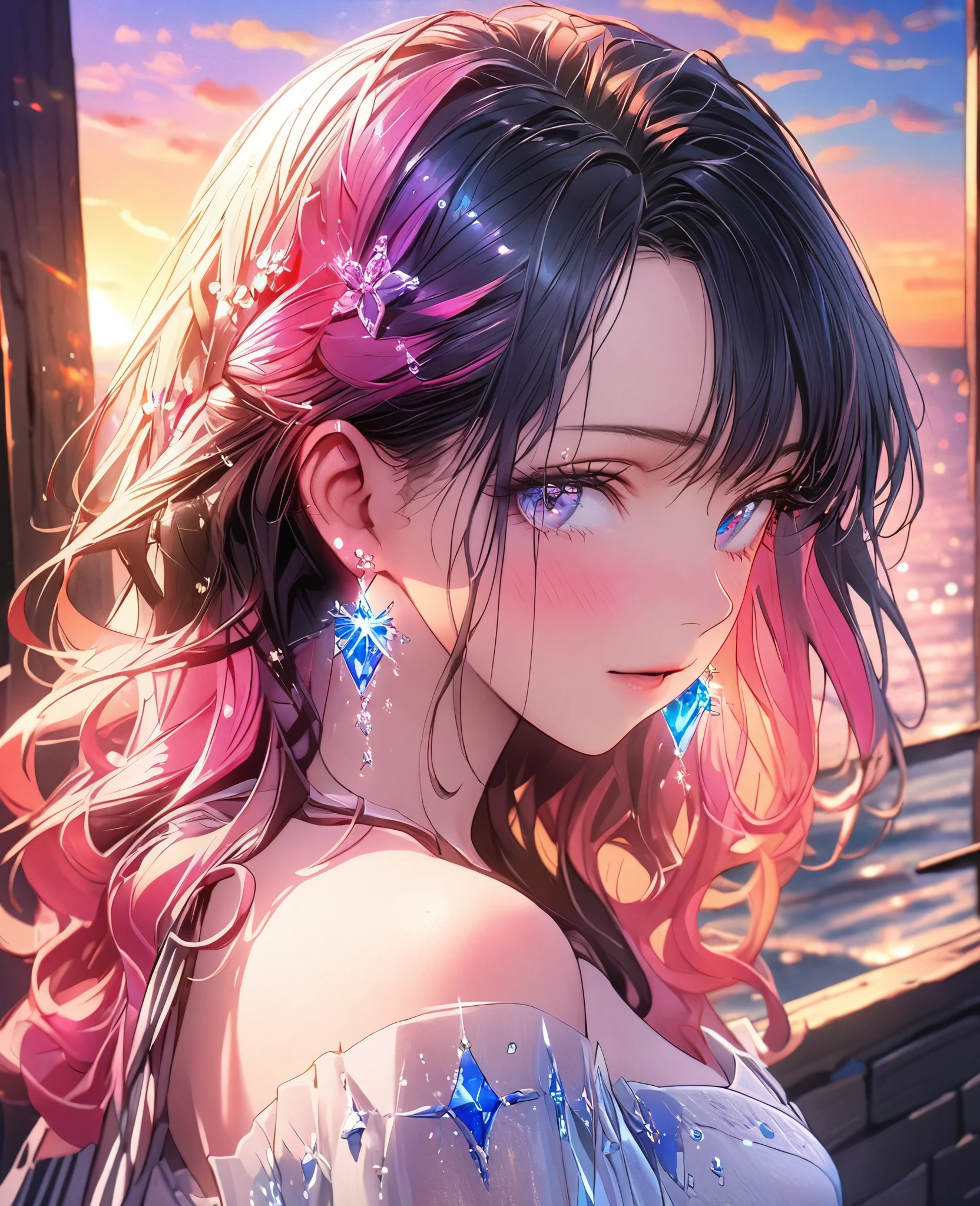 8k,Ephemeral beauty，Very delicate and beautiful,Beautiful and realistic skin,Sparkling jewel earrings,Long and colorful hair,Beautiful Eyes,good,Beautiful sunset
