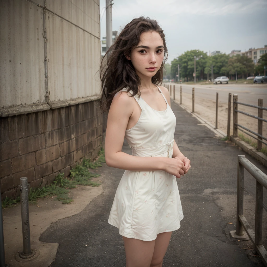 (1girl), Photo of a brown, in the metropolis, the weather is very warm and sunny, she is wearing a light summer dress, (freckles:0.8) cute face, ultra detailed skin, full face, Girl looking at the camera