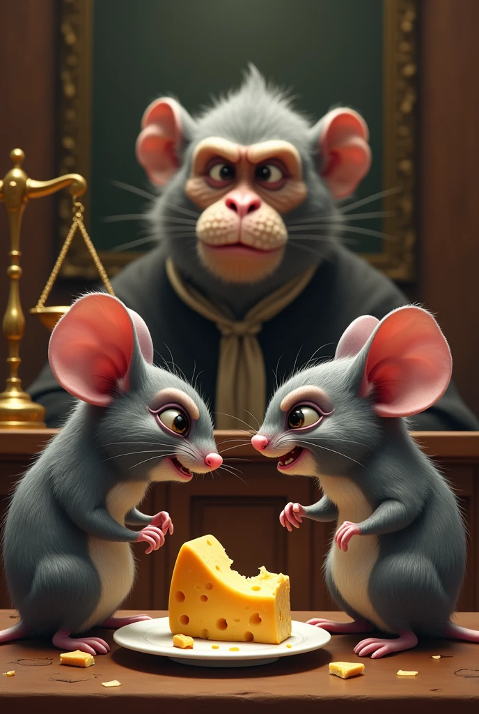 Two angry gray mice stand before the monkey judge who bit into a piece of cheese while the other smaller piece remains in a scale.