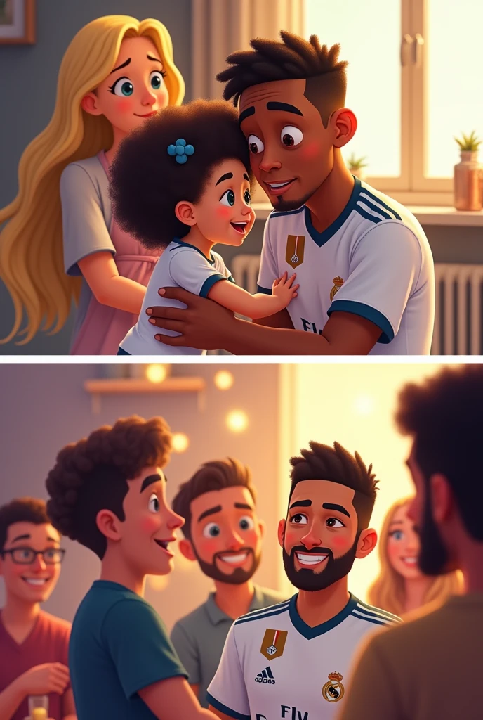 make a cartoon image about the player Éder Militão wearing the Real Madrid team&#39;s clothes picking up his daughter (a 2 year old white girl with curly hair) just to take a picture on Instagram and then return it to a blonde woman (white with platinum hair)
and another image in another plane of the player at a party with male and female friends 