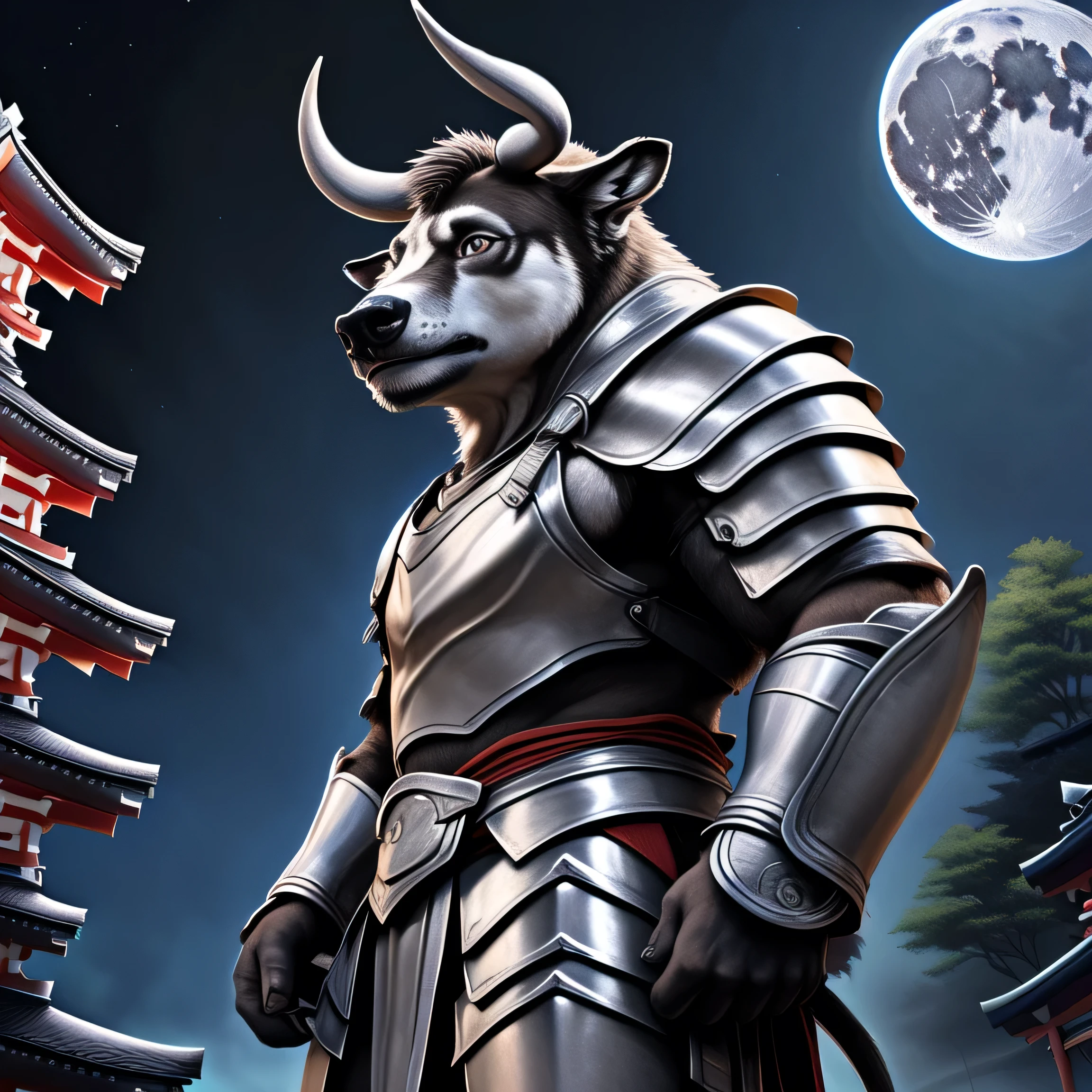 upload on e621, by allandox, anthro, male, (((detailed realistic painting, detailed fluffy fur))), extreme detail, ((bull, medium length horns, bovine tail, muscular)), ((stoic expression:1.3)), full moon background, full body perspective, ((confident pose:1.2, side perspective:1.2)), ((Japanese armor, red and silver armor:1.4))