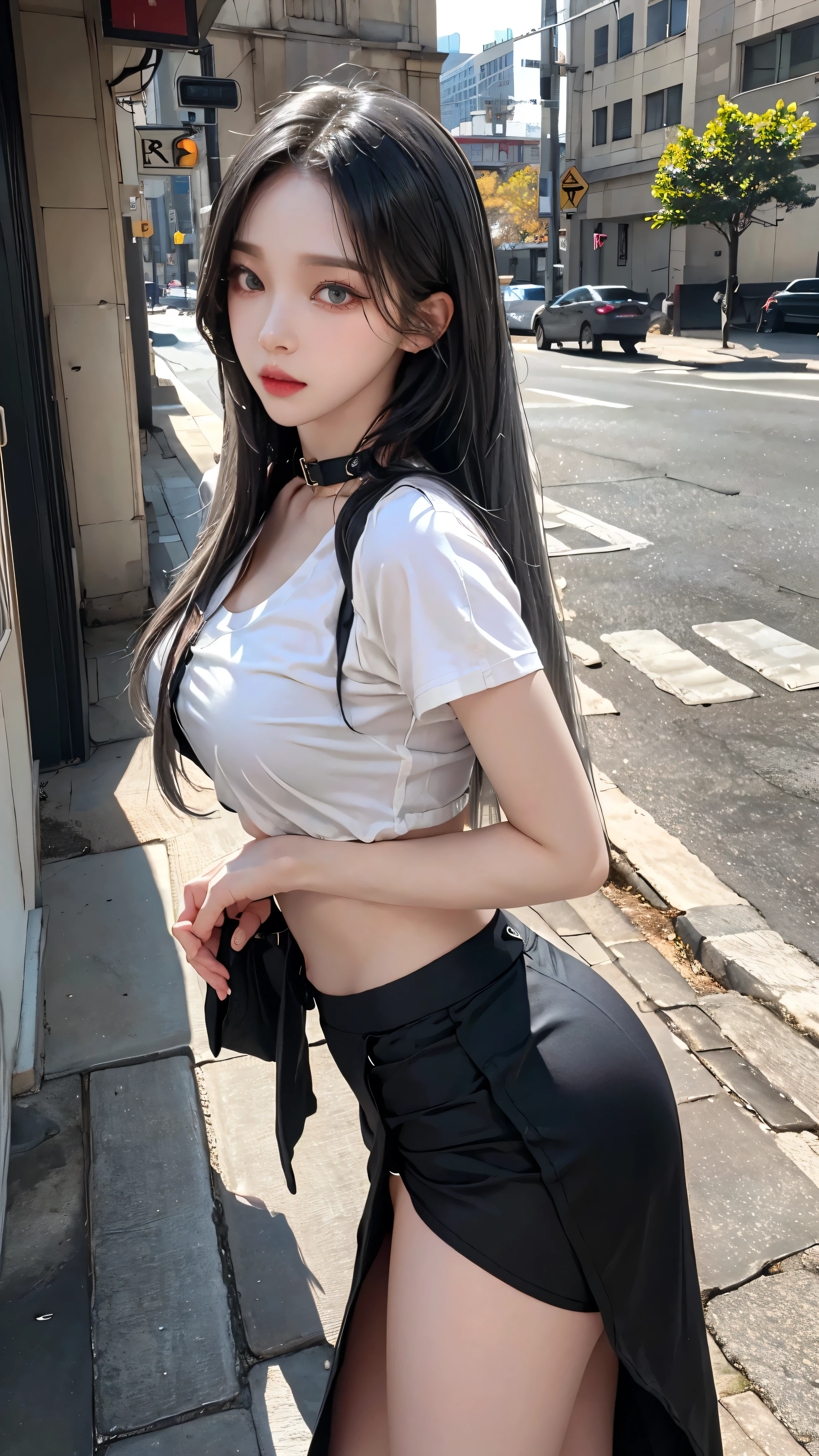 realistic, high resolution, 1 woman, butt up, beautiful eyes, gray hair, long hair, round eyes, collar shirt, belly button visible, black tie, black skirt, city street, Short skirts that show panties, dressed like a student