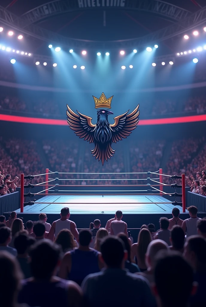 A wrestling ring with a crowned raven logo