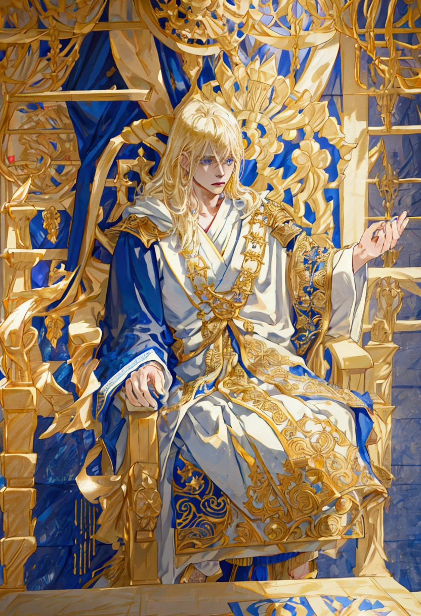 1 boy, throne, gilded clothing, white robes, 13 point star insignia, blonde hair, blue eyes, intense gaze, photorealistic, 8k, highly detailed, cinematic lighting, dramatic shadows, renaissance style, gold accents, luxurious textures, ornate details, epic fantasy, regal, powerful, commanding presence, man is cultist. 