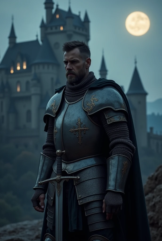 ((best quality, 8k, masterpiece: 1.3)) , (a european Medieval Knight) , (standing with a sword in his hand) , (during night time) , (infront of a castle)