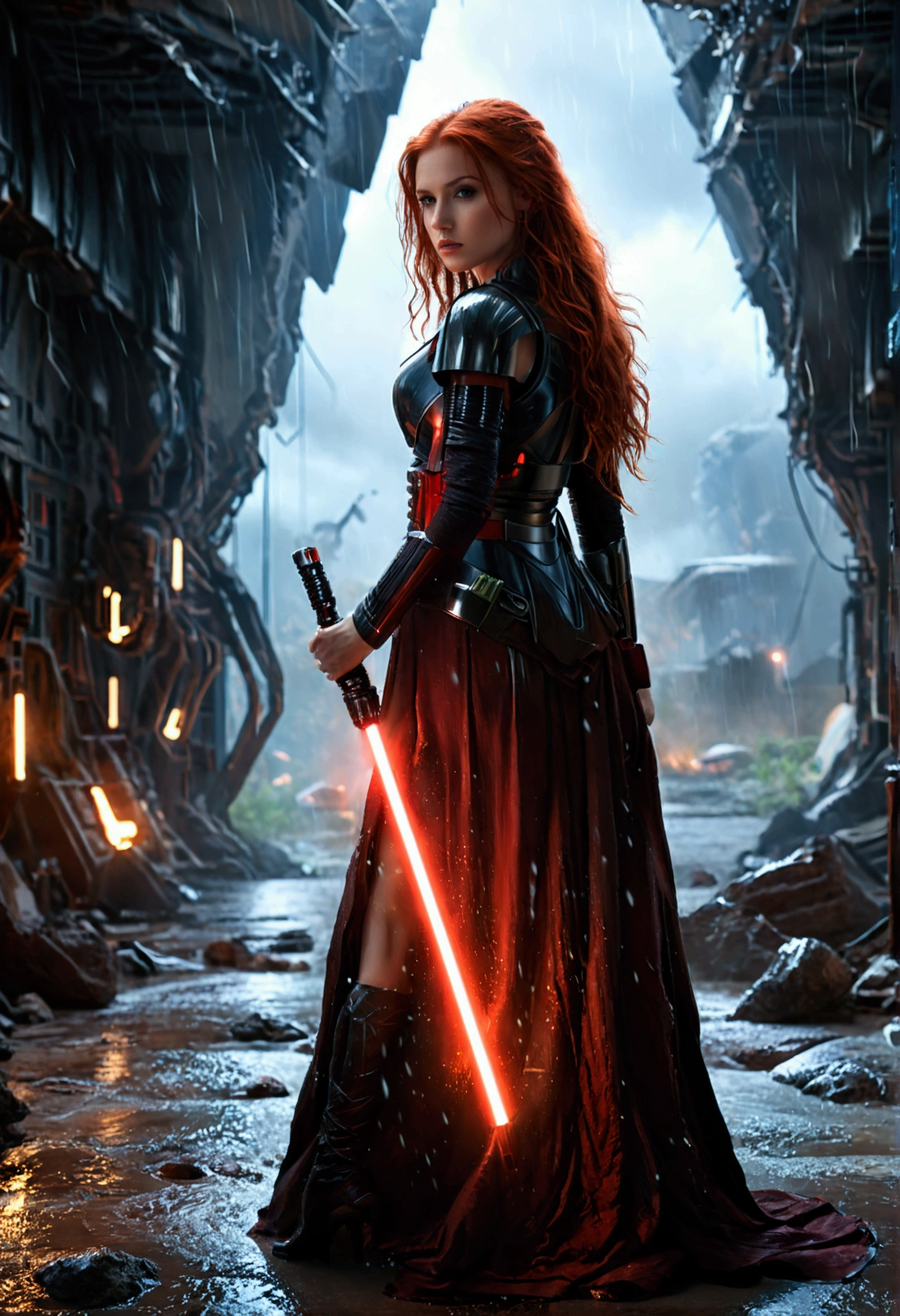 (full body shot:1) photorealistic image of a (standing pose:1) woman, ultrarealistic, photography, long red hair, woman, 24 years old, hourglass figure, perfect body, seductive look, natural medium breasts, blur background, in complete darkness, she is wearing a sith robe, she is holding a red lightsaber, the lightsaber is the only lightsource, on a dark destroyed space colony outside, it is raining, there is lightning in the background, she is walking towards the camera, explosion in the background, long sexy legs, wet clothes, wet hair