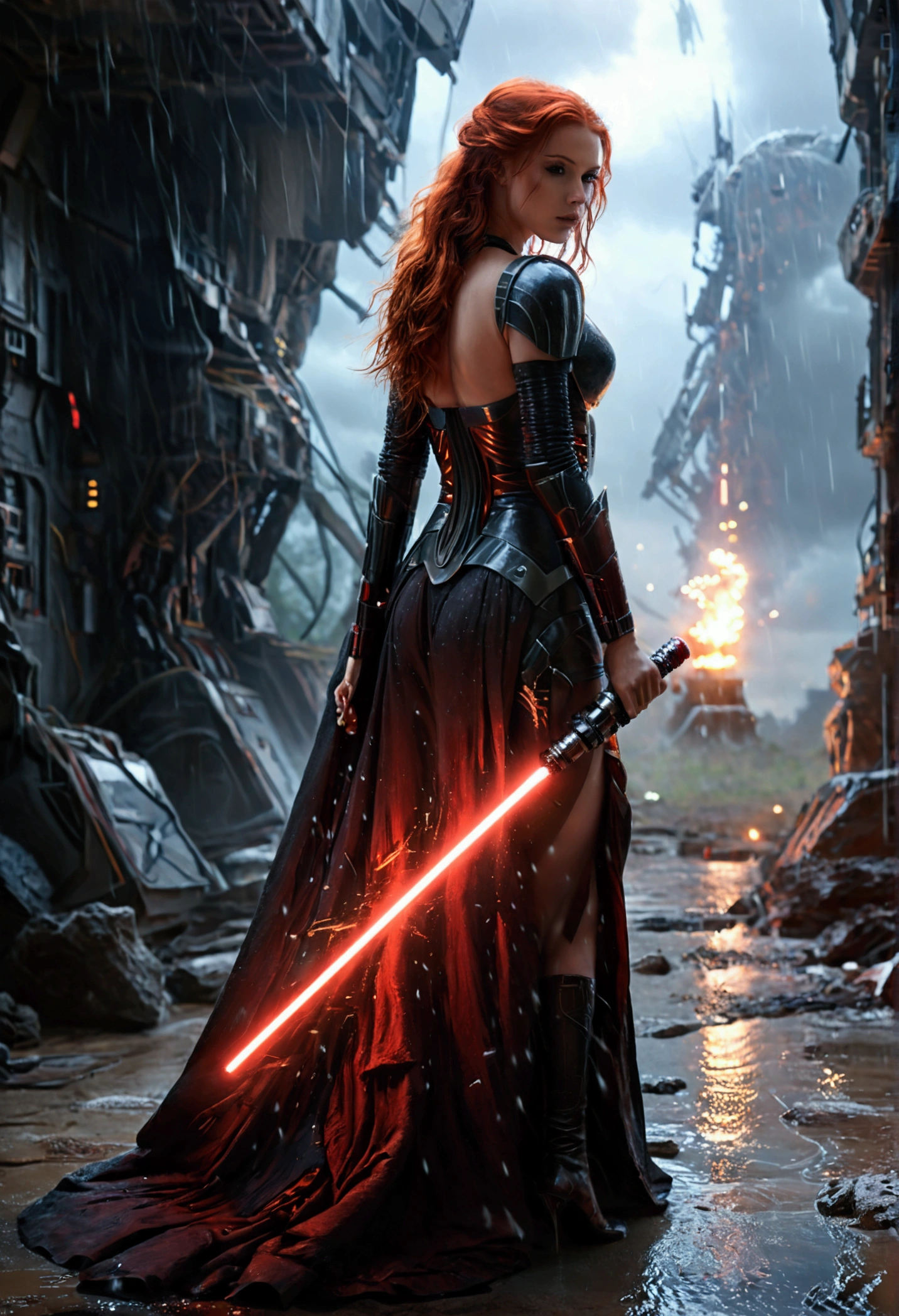 (full body shot:1) photorealistic image of a (standing pose:1) woman, ultrarealistic, photography, long red hair, woman, 24 years old, hourglass figure, perfect body, seductive look, natural medium breasts, blur background, in complete darkness, she is wearing a sith robe, she is holding a red lightsaber, the lightsaber is the only lightsource, on a dark destroyed space colony outside, it is raining, there is lightning in the background, she is walking towards the camera, explosion in the background, long sexy legs, wet clothes, wet hair