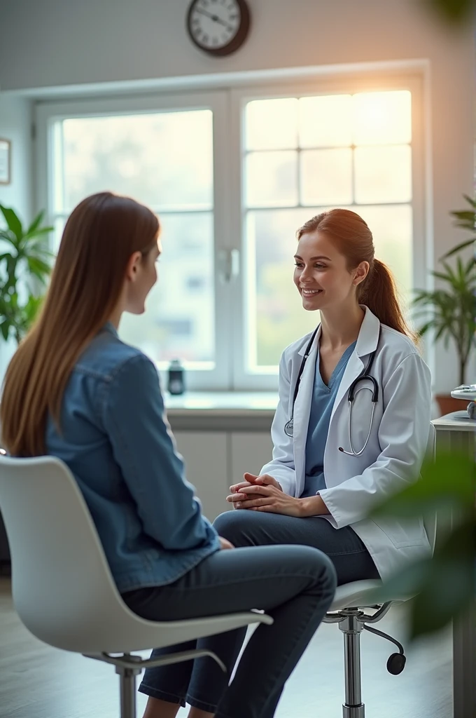 A patient consulting with a doctor in a modern clinic, warm lighting, professional environment, wide angle lens, HdR."