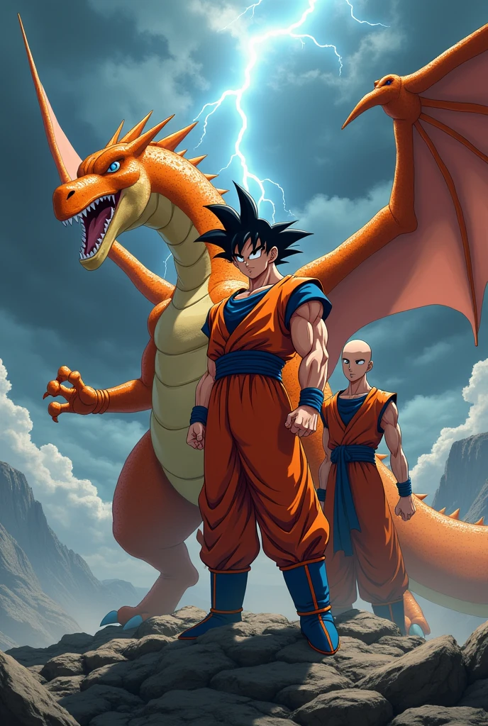 Generate photo with goku, charizard e saitama