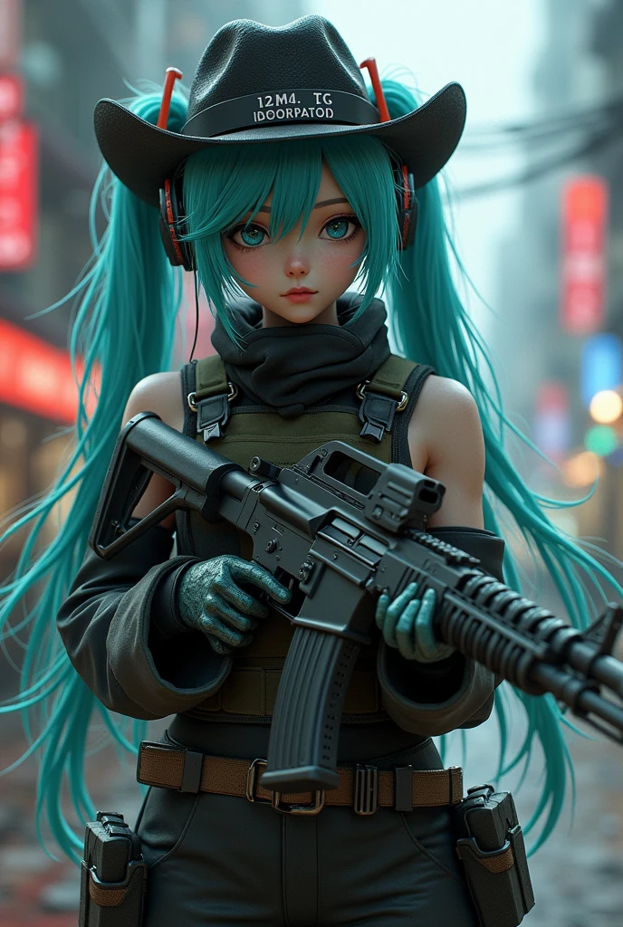 Hatsune Miku with a bulletproof vest and a black cowboy hat and an Ak-47