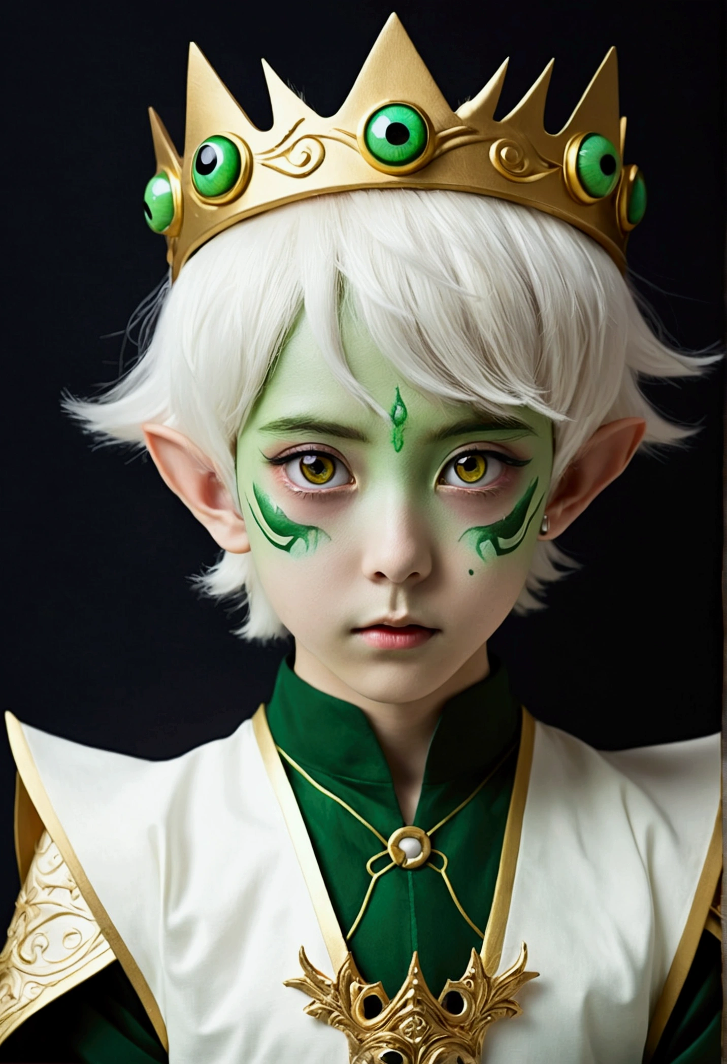 Japanese Anime，Second dimension，Horror style，horror character，(((Three-eyed boy，solo，The third eye on the forehead，Dark eyeshadow，White short hair，Elf ears，Green Skin，Exaggerated golden crown-eyeball decoration))),(((Japanese clothing))).(((Thin waist，Green belt：1.6))).Solid pink background